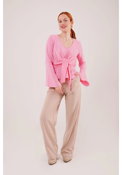 Defymoda Ön Bağlamalı Volan Kol Pembe Bluz Pembe