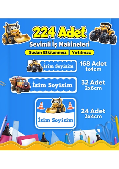 İş Makineleri Temalı Okul Kreş Kişiye Özel İsim Etiket Seti - Model 550 Çok Renkli