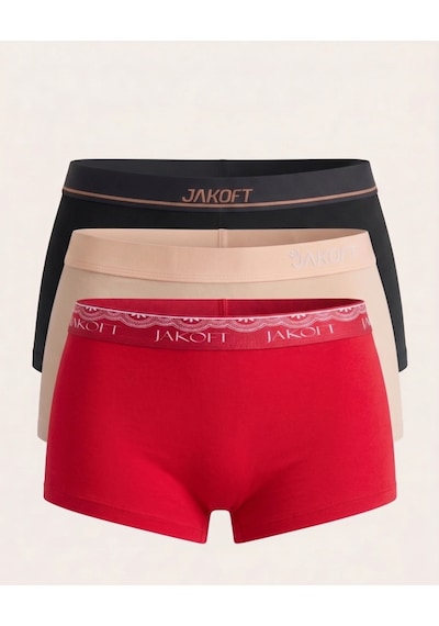 Jakoft Classic Pamuklu Kadın Boxer 3'lü Paket Kırmızı - Ten - Siyah