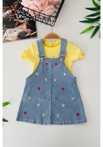 Miniğimin Cicileri Renkli Kalp İşleme Detaylı Kız Bebek Jile Takım Sarı