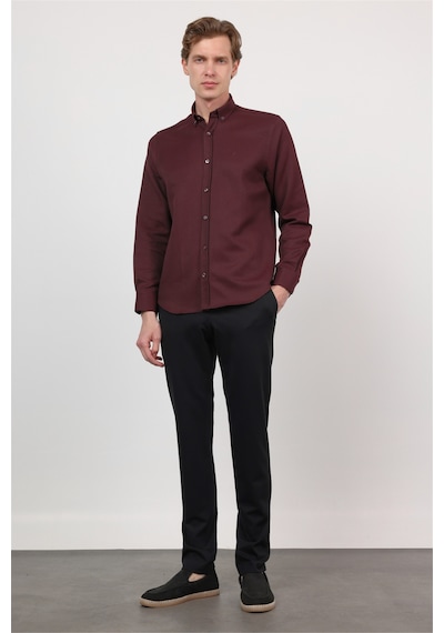 İmza Bordo Düğmeli Yaka Uzun Kol Cepsiz Slim Fit Pamuklu Gömlek 1004260203