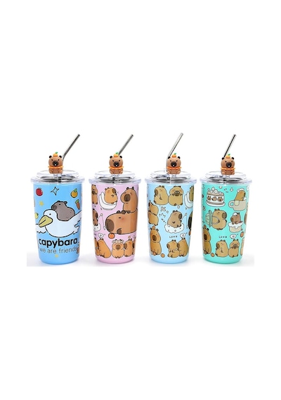 Capybara Figürlü Isı Muhafazalı Metal Pipetli Paslanmaz Çelik Kupa Alk4429 Evimdeyokyok Çok Renkli
