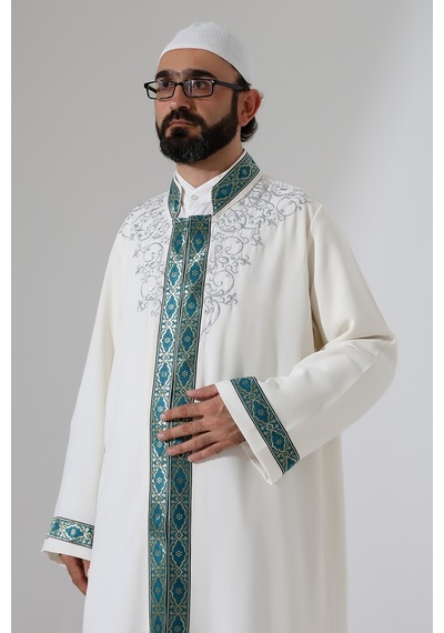 Nakış İşlemeli Hakim Yaka İmam Cübbesi, Çıt Çıtlı Cepli Namaz Cübbesi Yeşil Bordürlü - Krem Yeşil Nakış İşlemeli Hakim Yaka İmam Cübbesi, Çıt Çıtlı Cepli Namaz Cübbesi Yeşil Bordürlü - Krem Yeşil