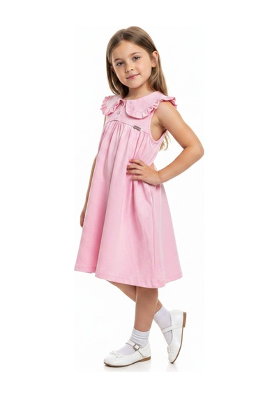Toontoy Kids Toontoy Kız Çocuk Regular Fit Bebe Yaka Düğmeli Kısa Kollu Elbise 25049 Pembe