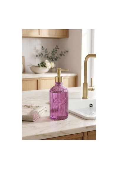 Glassy Dekoratif Cam Sabunluk Gold Pompalı Vintage Çizgili Sıvı Sabun Ve Deterjan Dispenseri - 21.5 Cm X 8 Cm - Mor