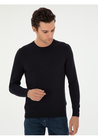 Cacharel Lacivert Slim Fit Kaşmir İpek Karışımlı Bisiklet Yaka Triko Kazak