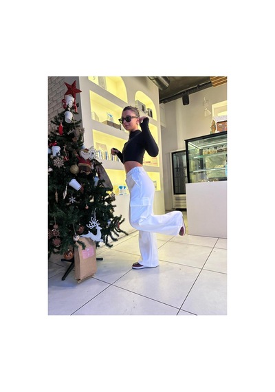 Winmoda34 Kadın Scuba Beli Lastikli Kargo Cepli Salaş Bol Paça Eşofman Altı Beyaz