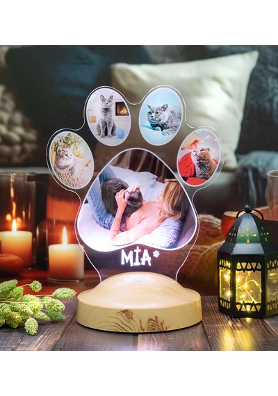 Pati Tasarımlı Kedi Fotoğraflı Led Lamba - İsim Yazılı Kedi Sahibine Doğum Günü Hediyesi