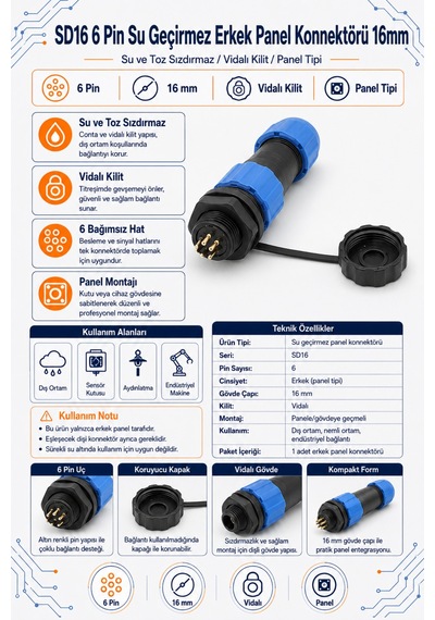 Sd16 6 Pin Su Geçirmez Erkek Panel Konnektörü - 16mm