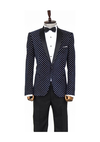 Wessi Nokta Desenli Slim Fit Lacivert Erkek Smokin Ceket Lacivert