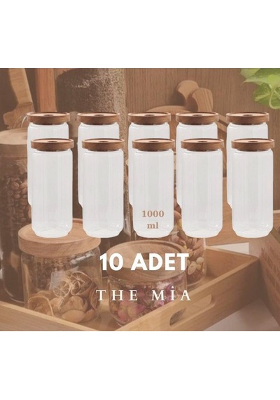 The Mia Ahşap Kapaklı 10 Lu Büyük Boy Cam Saklama Kabı 1000 Ml Cam0315