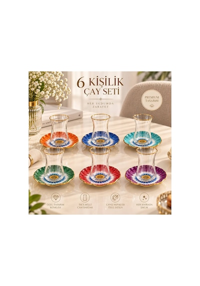 6 Kişilik 12 Parça Renkli Çay Takımı, Gold Detaylı Modern Tasarım çok renkli