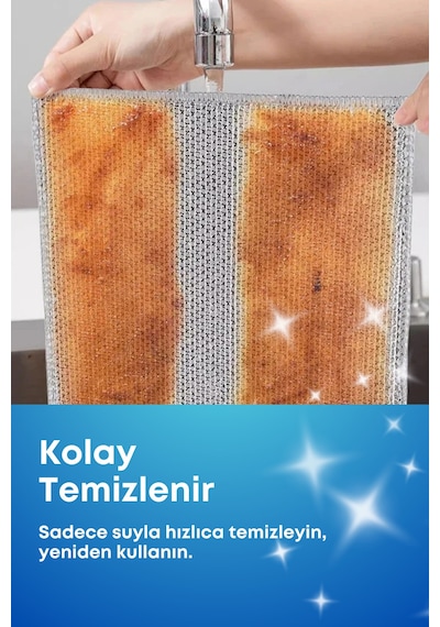Grimorlife 4 Adet İnox Telli Ovucu 2 Katlı Temizlik Bezi- Çizmez Bulaşık Bezi Bulaşık Teli 20x20 Cm