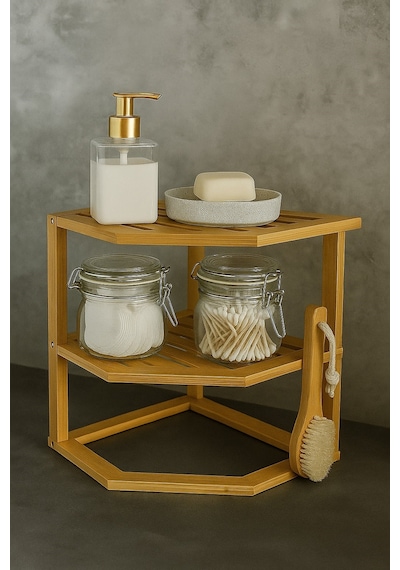 Doğal Bambu 2 Katlı Çok Amaçlı Köşe Raf Banyo, Mutfak Ve Dekoratif Organizer Br-6713 Kahverengi