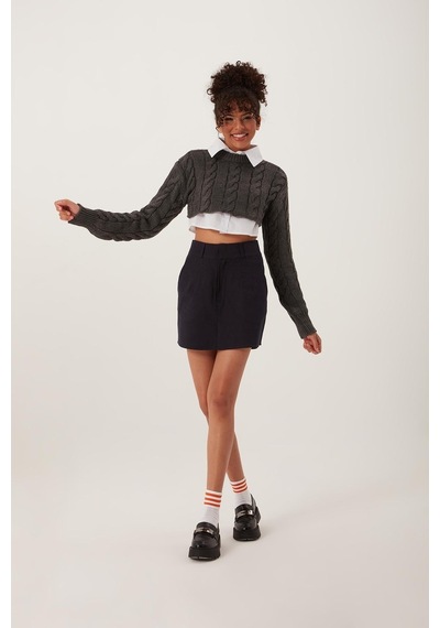 Quhox Kadın Triko Crop Sweatshirt Antrasit
