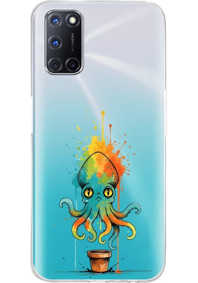 Oppo A92 İle Uyumlu Splash Ahtapot Tasarımlı Şeffaf Silikon Kılıf Şeffaf