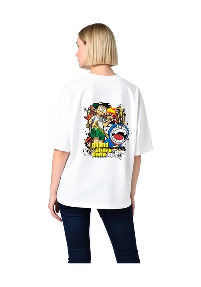 Paybuy Kadın Oversize Grafik Baskılı Tişört Oyun Temalı Karikatür Tasarı Beyaz