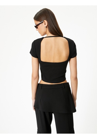 Koton Sırt Dekolteli Tişört Crop Kısa Kollu Fitilli Slim Fit Siyah 4sal10804ık Siyah