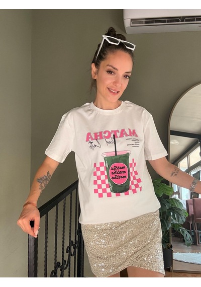 Ali Butik Ekru Matcha Iced Latte Baskılı Tişört