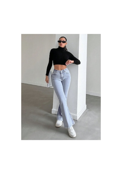 Kene Jeans Yüksek Bel Buz Kar Tam Kalıp Flare/ispanyol Paça Likralı Jeans Buz Kar