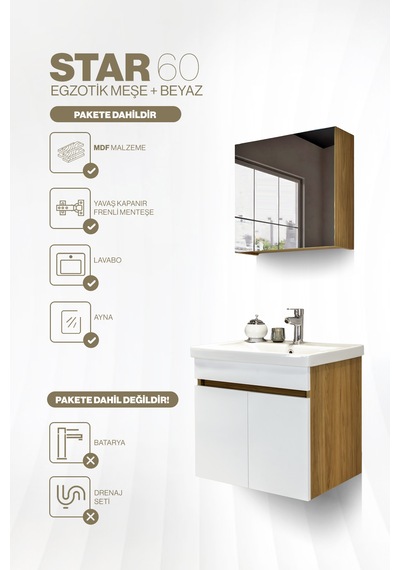 Star Banyo Dolabı Seti 60 Cm Egzotik Meşe & Parlak Beyaz Aynalı Lavabolu Mdf Egzotik Meşe & Parlak Beyaz Star Banyo Dolabı Seti 60 Cm Egzotik Meşe & Parlak Beyaz Aynalı Lavabolu Mdf Egzotik Meşe & Parlak Beyaz