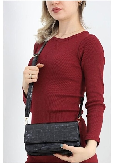 Lovelystore Kroko Desenli 3 Gözlü Günlük Kadın Mini El & Omuz Çantası 24x12 Siyah