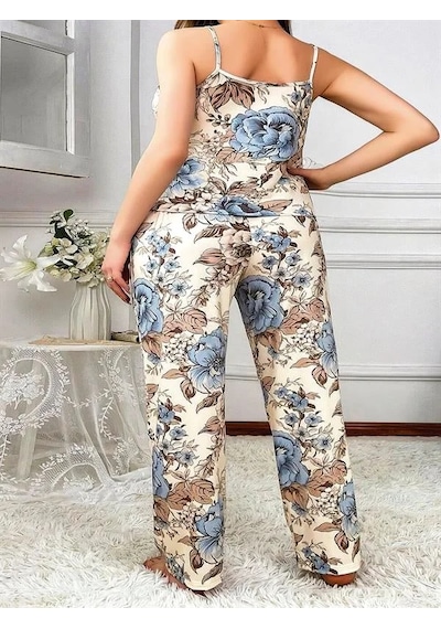 Ang Butik Kadın Büyük Beden Mavi Çiçek Desenli İnce Askılı 2'li Saten Pijama