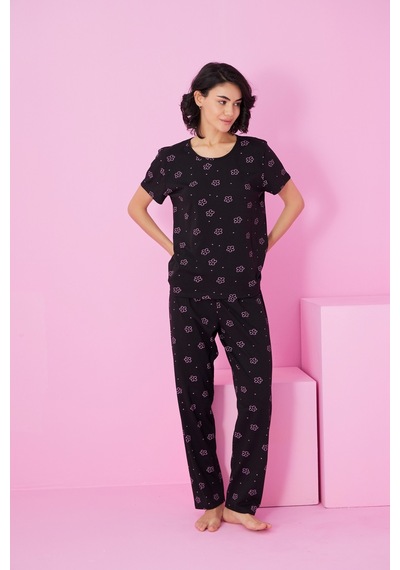 Siyah İnci Bisiklet Yaka Örme Pijama Takım Siyah Pembe Çiçek