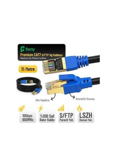 Feny Fn-cat7ls15 10gbps İnternet 600mhz 15 Metre Cat7 Gold Patch Kablo Yanmaz- Yüzde 100 Saf Bakır