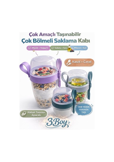 3 Lü Set Taşınabilir Kaşık+çatal Kapaklı Yoğurt Müsli Granola Yemek Diyet Saklama Kabı Take And Diğer