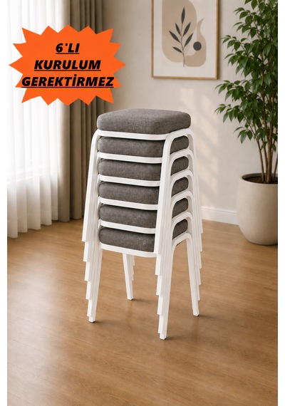 6 Adet Beyaz Metal Ayaklı Boyalı Tabure ,sert Süngerli Çökme Yapmaz , 3 Cm Süngerli, Kumaşlı Beyaz - 6 Adet