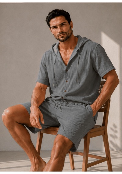 Erkek Müslin Kapşonlu 3'set Gömlek-şort-pantalon Gri