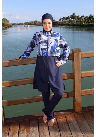 Estiva 26977 Lacivert Blue Motion Tam Kapalı Croplu Pantolonlu Tesettür Mayo