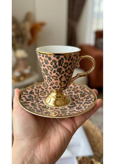 Alfafe Home Leopar Desenli Ayaklı Porselen Kahve Fincanı Takımı 6 Kişilik Altın Yaldızlı Fincan Seti Pembe