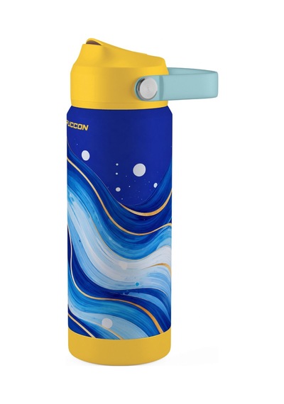 Puccon 540 Ml Mavi Dalga Desenli Lacivert - Sarı Erkek Çocuk Pipetli Çelik Termos Matara/suluk - 60061