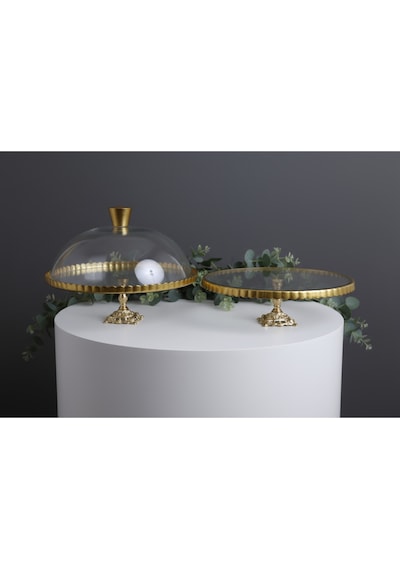Çnr Home Collection 2 ' Li Paşabahçe Metal Ayakli Yaldizli Kek Fanus & Pasta Standi Sunumluk Altin
