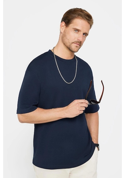 Tudors Unisex 3'lü Paket Lacivert-beyaz-siyah Oversize Geniş Kesim %100 Pamuk Basic Bisiklet Yaka Tişört-35277 Multi