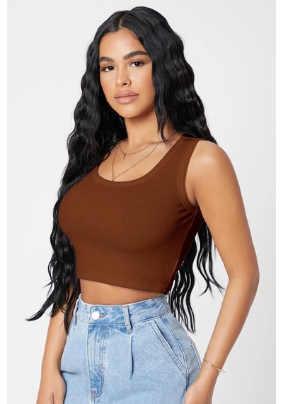 Angbutik Kadın Kahverengi Kare Yaka Crop Top Bluz