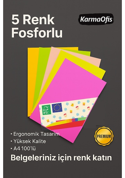 5 Renk Fosforlu A4 Fotokopi Kağıdı 100'lü Yüksek Kalite