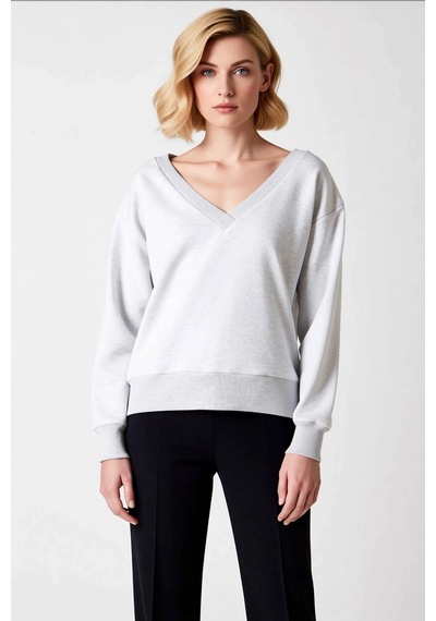 Benerly Kadın V Yaka Düşük Kol Oversize Örme Sweatshirt Fonksiyonel Dayan Kar Melanj