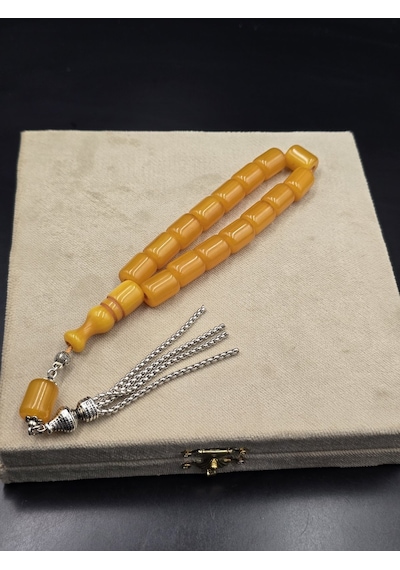 Osmanlı Benzetme Çubuk Sıkma Kehribar Tespih Efe Boy 17 Habbe 11x14 Mm Bal Sarısı No:6 Gümüş