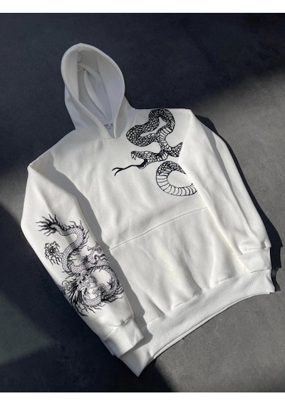 Uzun Kol Kapşonlu Baskılı Sweatshirt - Beyaz Beyaz