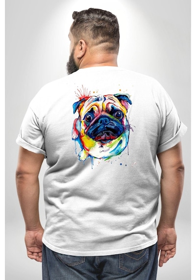 Angemiel Sulu Boya Pug Köpek Büyük Beden Beyaz Tişört Kadın Erkek Ünisex Sırt Baskılı Beyaz