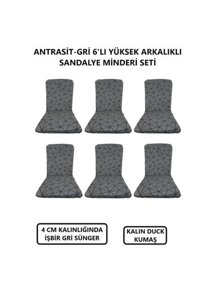 Lüks Arkalıklı Sandalye Minderi 6lı 4cm Süngerli Gri Örümcekdesen Gri