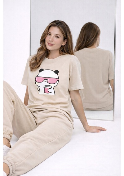 Sevgili Kombini Panda Bardak Baskılı Çift Tişört Oversize Unisex Bej