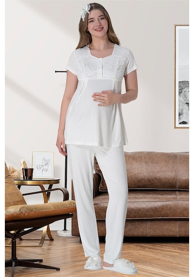 Mecit Pijama Mecit 6060 Ekru Dantel Sabahlıklı Gecelik Pijama Lohusa Set