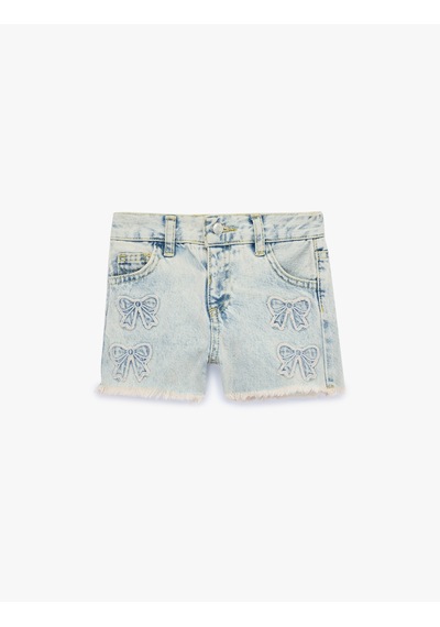 Koton Fiyonk Nakış Detaylı Cepli Pamuklu Denim Şort Lıght Indıgo 6smg40022ad Açık Mavi