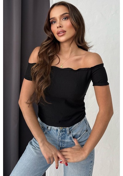 Lesa Wear Soft Touch Kayıkçı Yaka Dekolteli Basic Crop Bluz Siyah