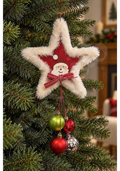 Yılbaşı Ağacı Süsü Noel Baba Figürlü Peluş Kırmızı Yıldız Diğer