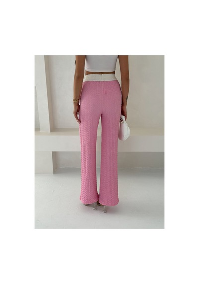 Gugus Kadın Gofre Beli Güpür Lastikli Wide Lege Yazlık Pantolon Pembe
